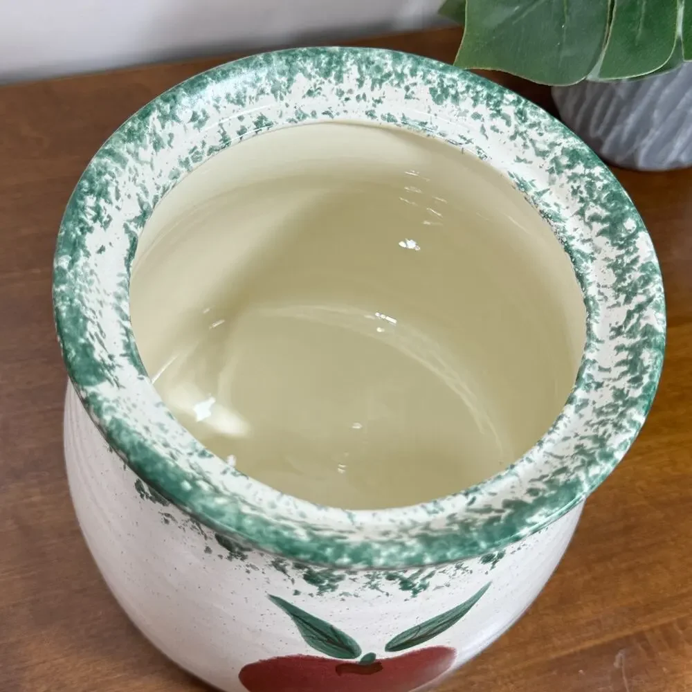Vintage 80s Apple Cookie Jar Canister Medium Green Spongeware Ceramic Signed
